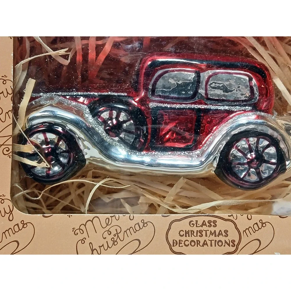 Vintage Style Ukrainian Blown Glass Red Car Christmas Ornament Wise Lion